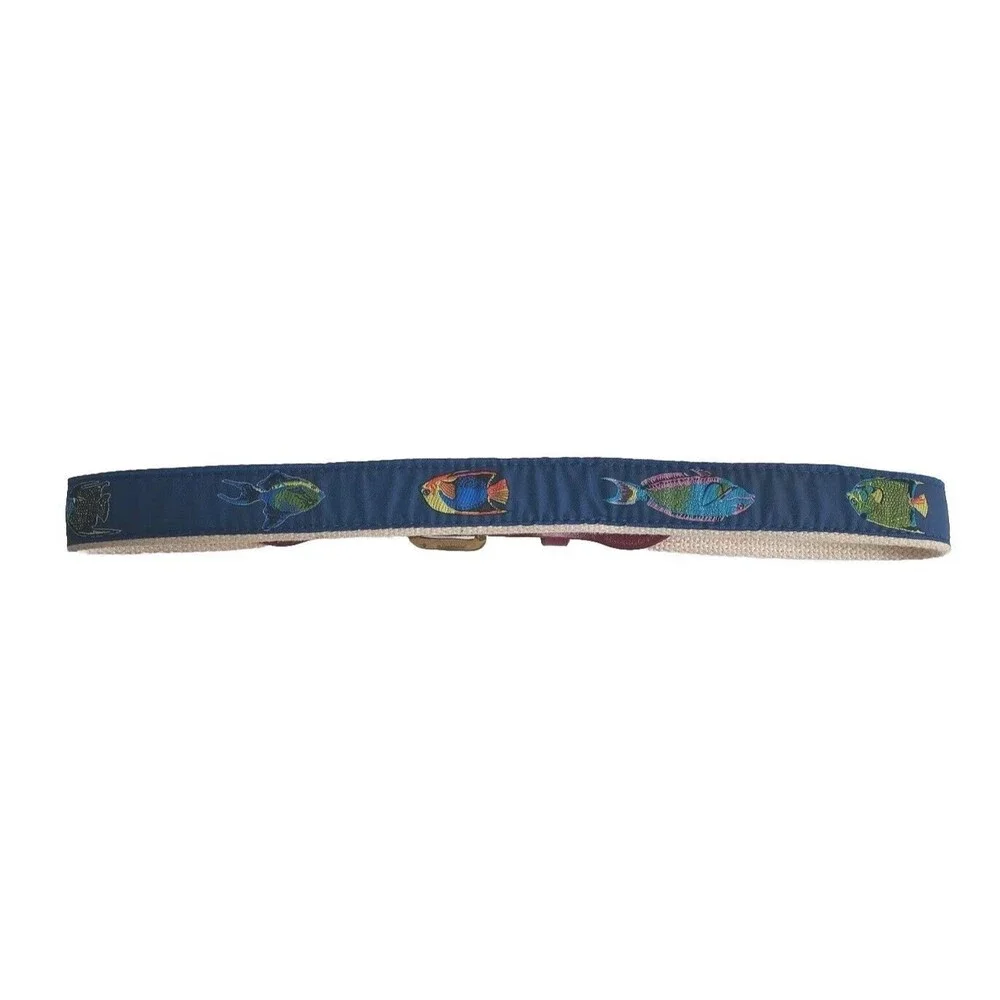 Leather Man LTD Essex CT Belt Men’s 30 Tan Canvas Navy Fish Brown Leather USA